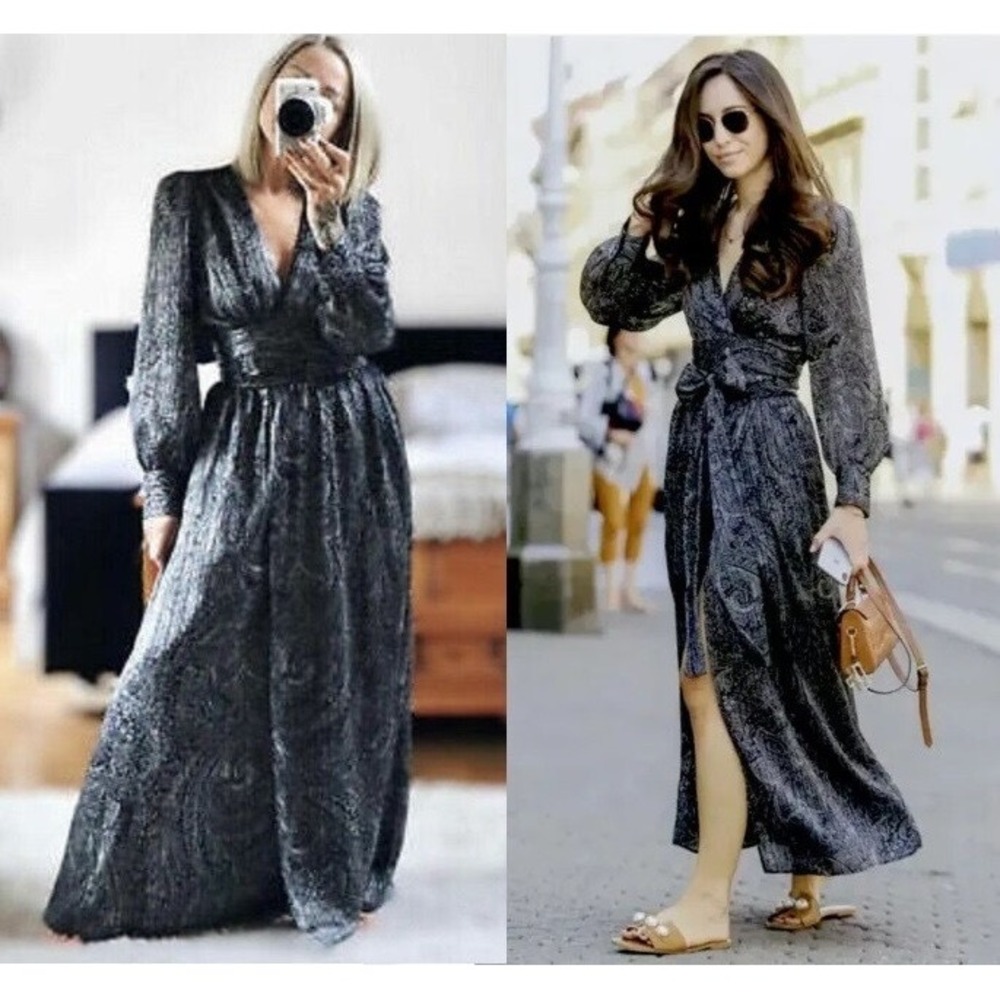 Zara‎ Paisley Metallic Jacquard Maxi Wrap Dress Black Grey XS Puff Sleeve Slit